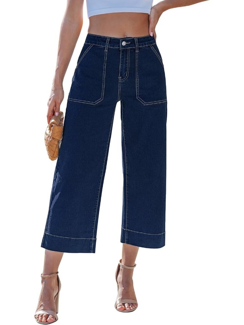 Women's Medium Blue Trendy High Waisted Baggy Straight Stretch Denim Wide Leg